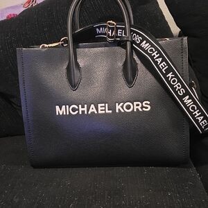 Michael Kors Black Tote with White Logo and Branded Strap